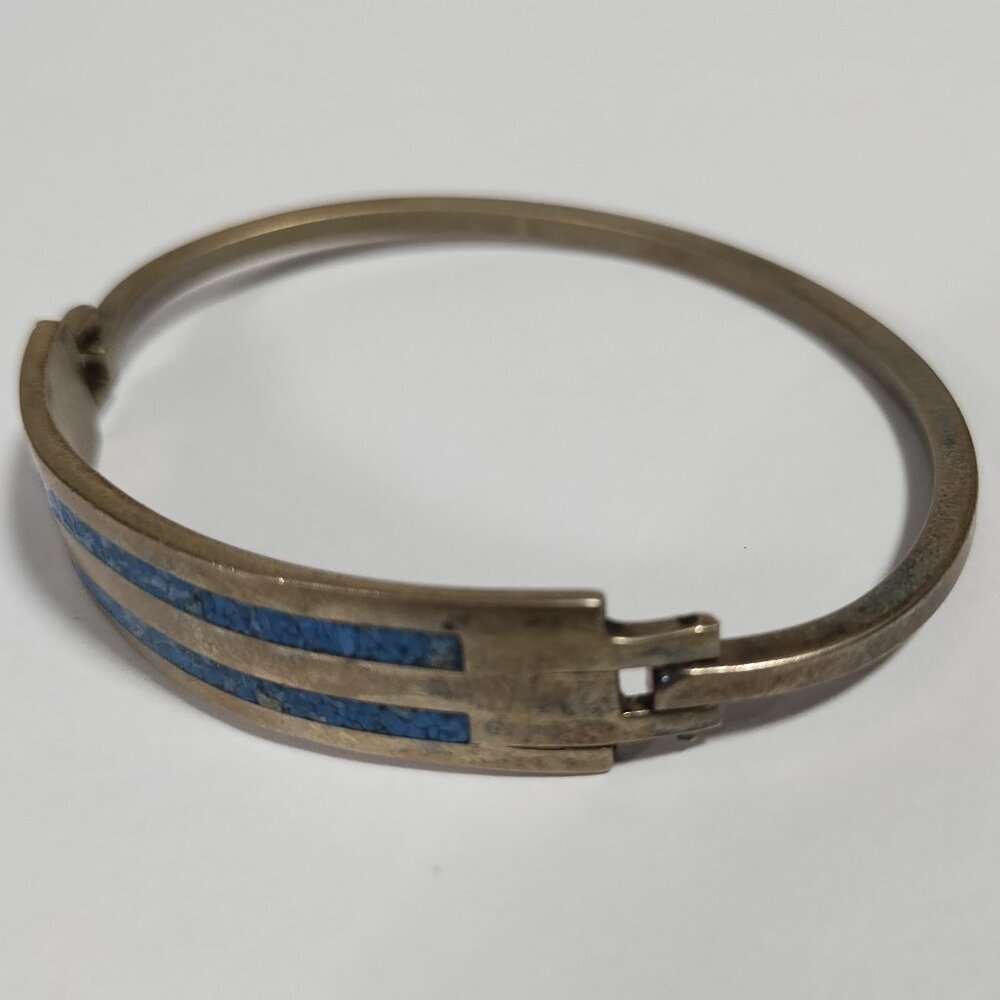 Alpaca Silver Malachite Inlaid Mexican Hinged Cuff